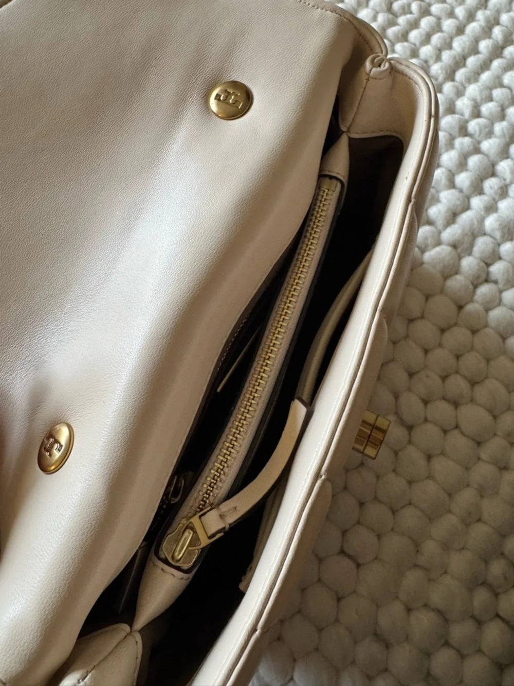 Tory Burch Cream Quilted Top-Handle Satchel with Gold Logo
